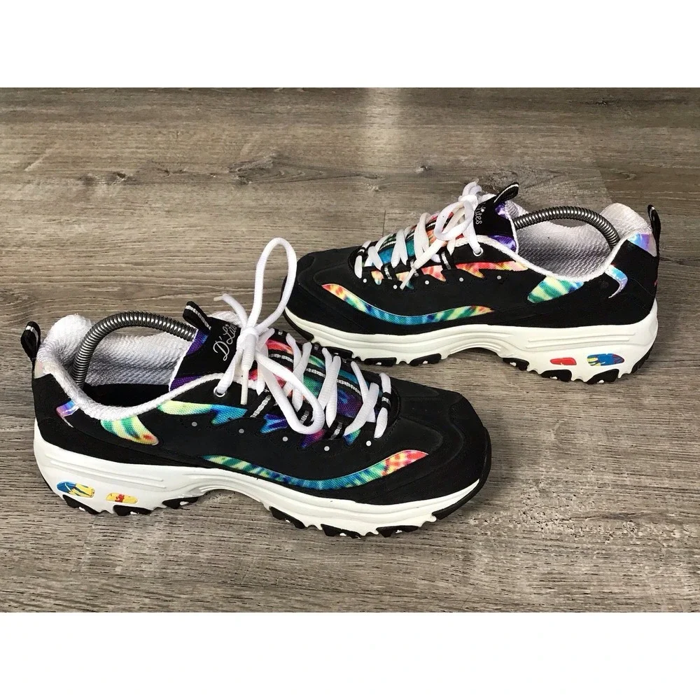 Skechers D'Lites Shoes Womens Size 11 Black Multi Tie-Dye Memory Foam SN 149015